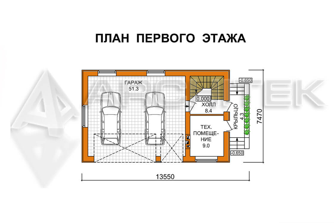 A-010-1-2P проект гаража из пеноблоков на 2 автомобиля «Гарик»