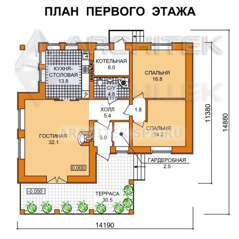 A-040-2P проект одноэтажного коттеджа из пеноблоков с террасой «Джулия-3»