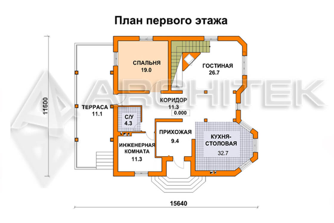 A-050-P Проект дома из газобетона с мансардой и башенкой «Марсель»