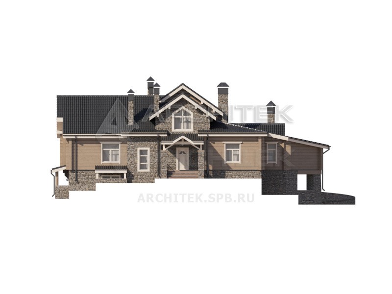 A-085-P Проект дома для склона из газобетона с цокольным этажом, мансардой, вторым светом, сауной, верандой, террасой 26.6х15.7