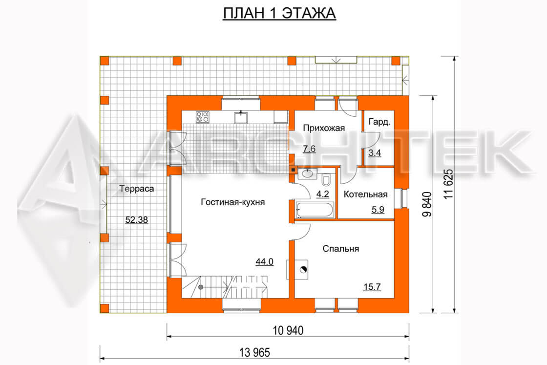 A-091-K Проект дома с двухскатной крышей, террасой и вторым светом