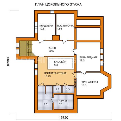 G-003-K Проект дома из кирпича с цокольным этажом, гаражом, эркером, сауной, бассейном, балконом