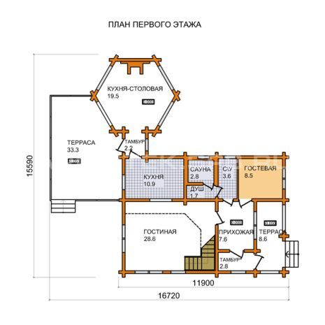 G-008-2D Проект дома из дерева с мансардой, балконом, сауной, верандой, террасой, вторым светом