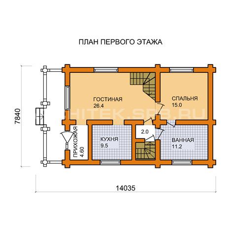 G-009-D Проект маленького деревянного дома из бревна с мансардой, балконом, подвалом