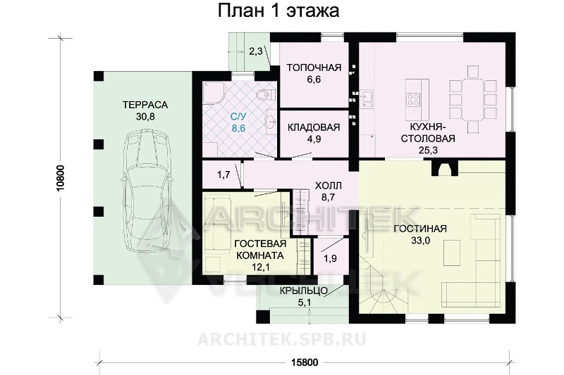 G-011-1P Проект дома из пеноблоков с мансардой и гаражом-навесом