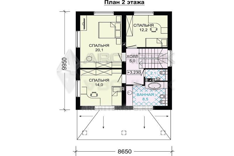 G-012-P проект простого двухэтажного дома из газобетона с террасой 8.7х10
