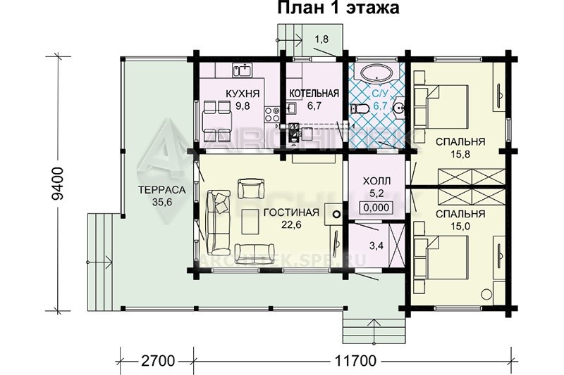 G-017-1D проект одноэтажного дома эконом класса из бруса с террасой 9.4х11.7
