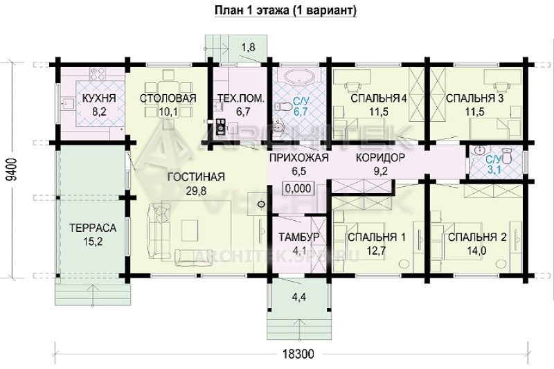 G-017-2D проект одноэтажного дома из бруса с террасой, сауной 9.4х18.3