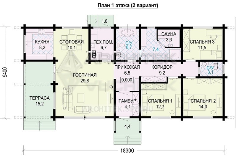 G-017-2D проект одноэтажного дома из бруса с террасой, сауной 9.4х18.3
