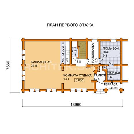 G-019-D Проект гостевого дома — бани из бревна с мансардой, вторым светом, балконом