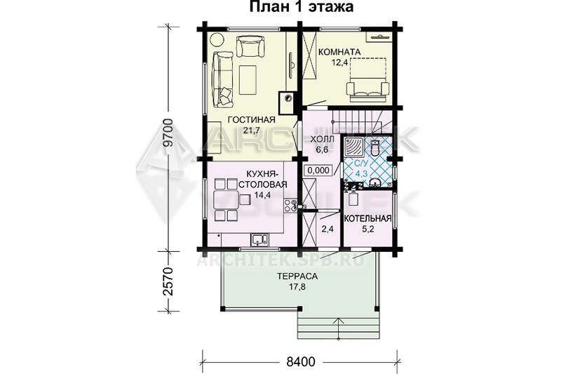 G-024-D проект простого двухэтажного дома из бруса с террасой 8.4х9.7