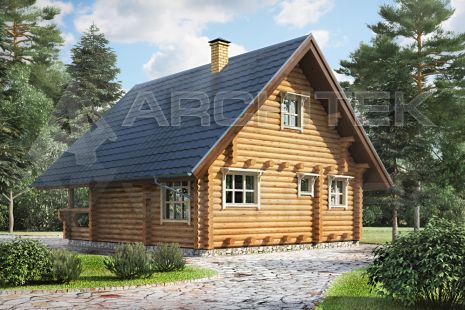 G-026-D Проект дачного деревянного бревенчатого дома эконом класса с мансардой, вторым светом, террасой 7.7х8.6