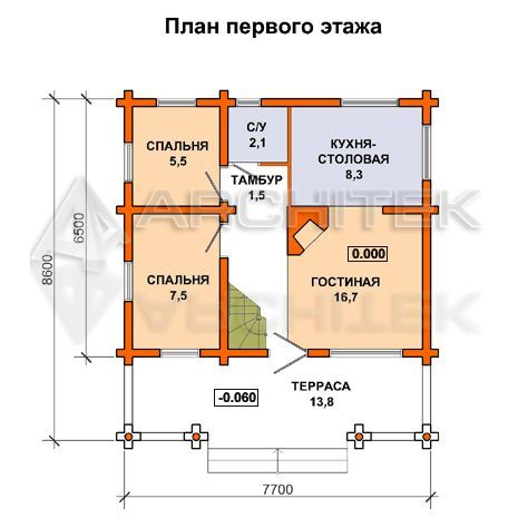 G-026-D Проект дачного деревянного бревенчатого дома эконом класса с мансардой, вторым светом, террасой 7.7х8.6