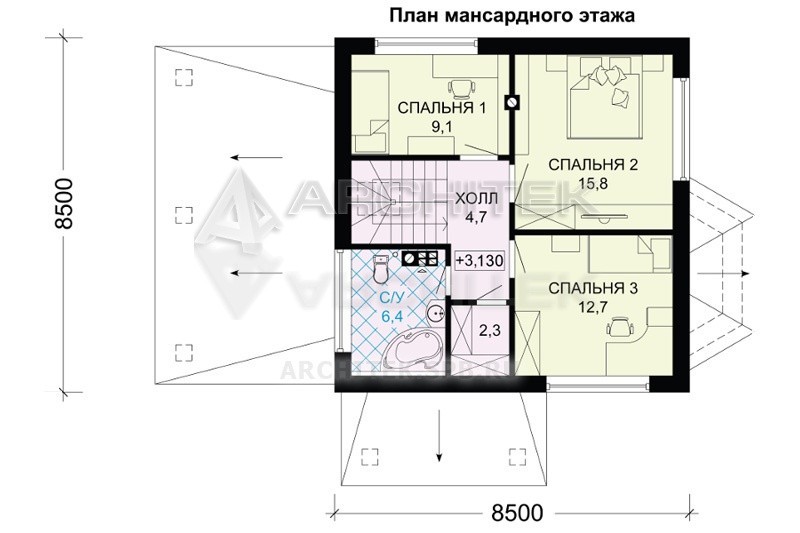 G-032-11P проект дома из газобетона с мансардой, эркером, гаражным навесом 8.5х9.7