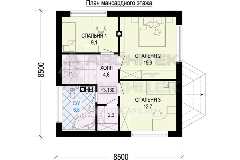 G-032-15P проект небольшого дома из газобетона с мансардой и эркером 8.5х8.5