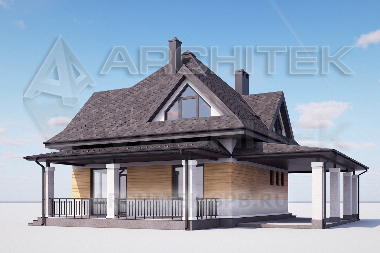 G-032-19P проект дома из газобетона с мансардой, эркером, террасой, автомобильным навесом