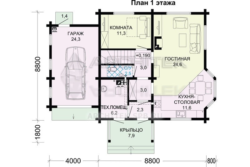 G-032-2D проект деревянного дома с гаражом, мансардой, эркером