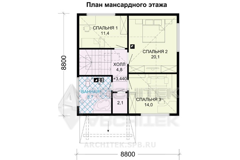 G-032-D проект простого дома из бруса с мансардой 9х9