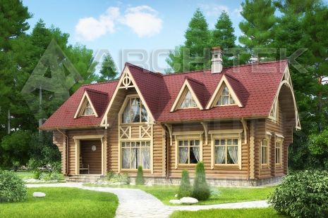 G-034-D Проект деревянного бревенчатого дома с мансардой, балконом, сауной