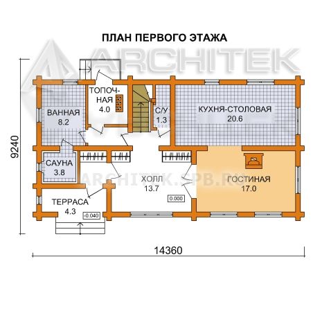 G-034-D Проект деревянного бревенчатого дома с мансардой, балконом, сауной