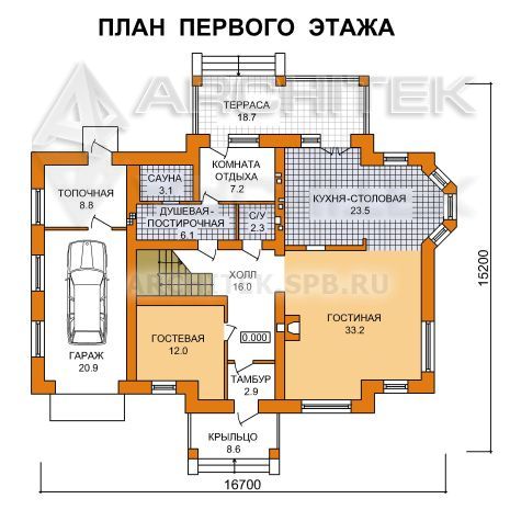 G-045-2P Проект дома из газобетона с гаражом, мансардой, баней, террасой