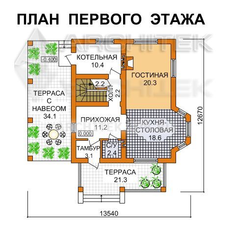 G-049-1P Проект дома из пеноблоков с мансардой, эркером, террасой, навесом