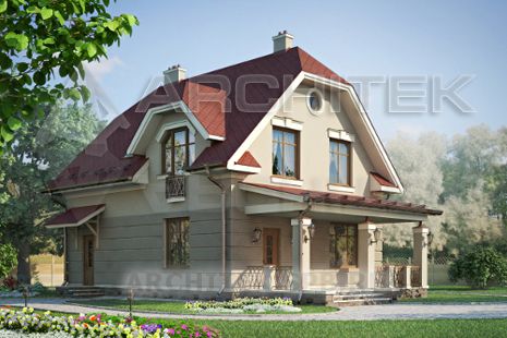 G-049-P Проект небольшого дома из газобетона с мансардой, эркером, террасой 9.4х12.3