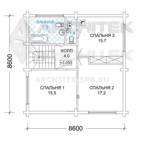 G-053-D Проект дачного деревянного дома эконом класса из бревна с мансардой 8.6х10.6