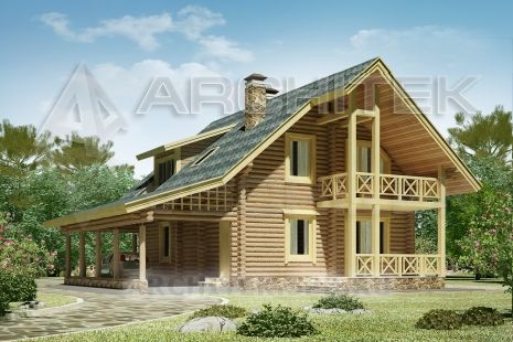 G-054-1D Проект деревянного дома из бревна с мансардой, гаражным навесом, балконом, террасой