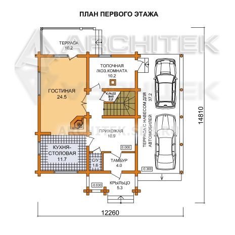 G-054-1D Проект деревянного дома из бревна с мансардой, гаражным навесом, балконом, террасой