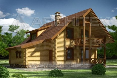 G-054-2D Проект деревянного бревенчатого дома с гаражом, мансардой, балконом, террасой