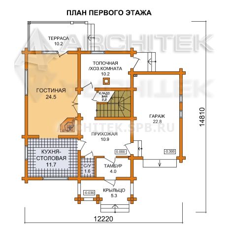 G-054-2D Проект деревянного бревенчатого дома с гаражом, мансардой, балконом, террасой