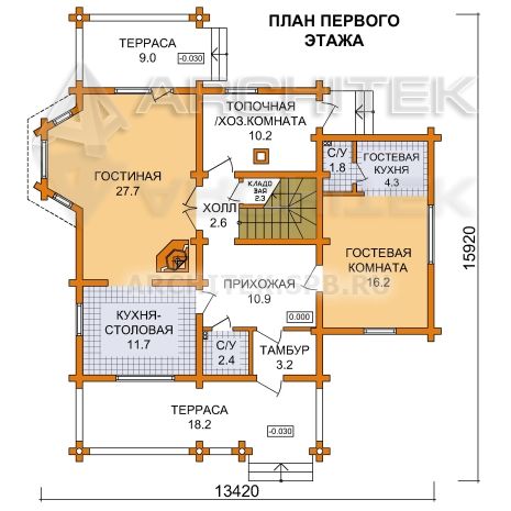 G-054-3D Проект деревянного дома из бревна с мансардой, эркером, террасой, балконом