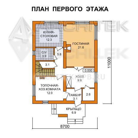 G-068-P Проект небольшого простого дома из пеноблоков с мансардой 8.7х11