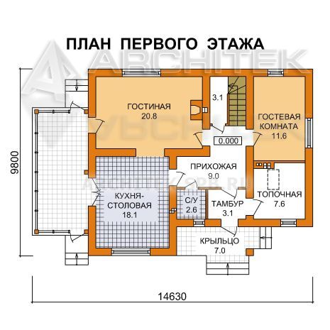 G-070-1P Проект дома из пеноблоков с мансардой, балконом, верандой 9.8х14.6