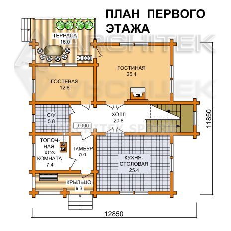 G-080-D Проект дома из бруса с мансардой, балконом, террасой 11.85х12.85