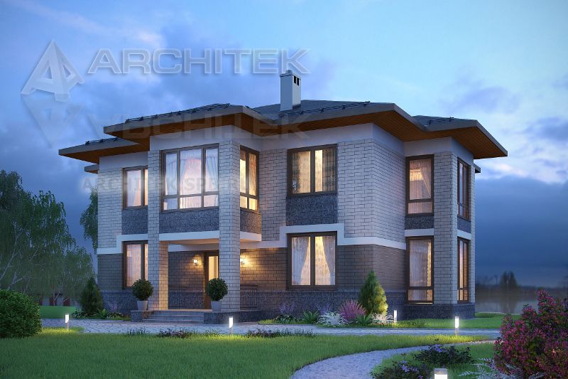 G-083-2P Проект современного дома из пеноблоков с эркером и балконом