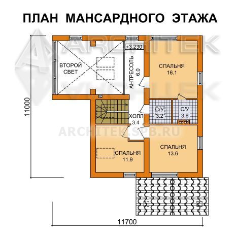 G-089-P Проект дома из газобетона с мансардой, вторым светом, террасой
