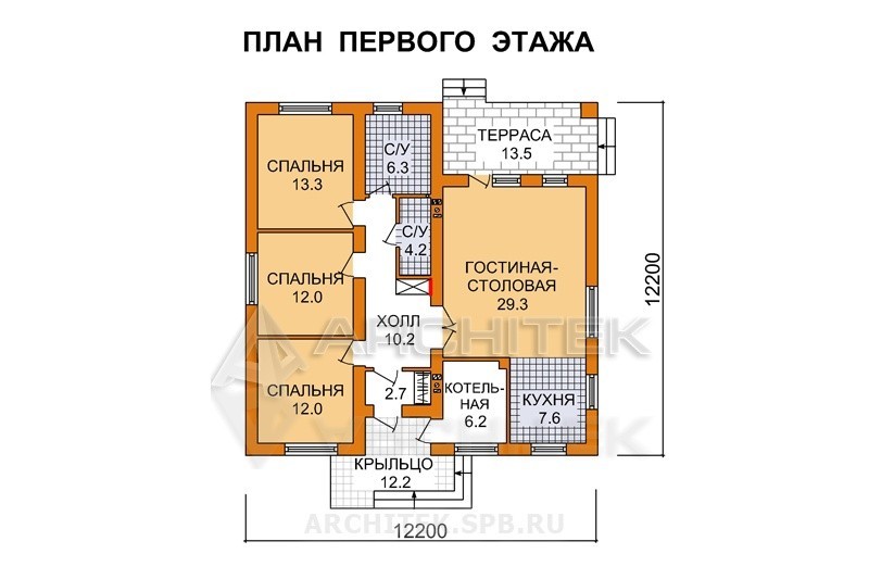 G-091-2P Проект дома эконом класса из пеноблоков с террасой 12х12