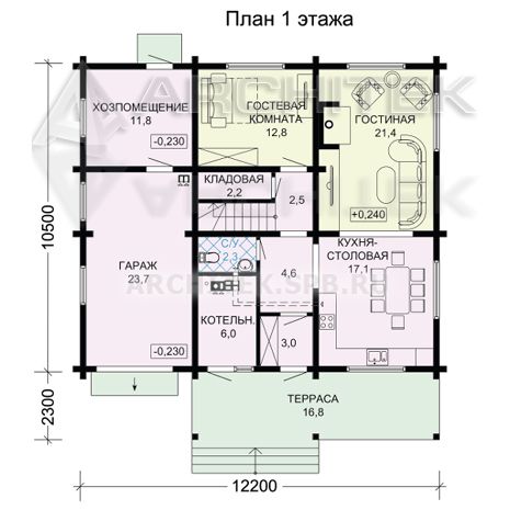 G-092-2D Проект деревянного дома из бруса с мансардой, гаражом, балконом, террасой 12.2х12.8