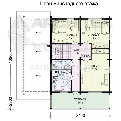 G-092-2D Проект деревянного дома из бруса с мансардой, гаражом, балконом, террасой 12.2х12.8