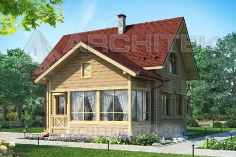 G-096-D Проект дачного маленького деревянного дома из бруса с мансардой, верандой 9х10