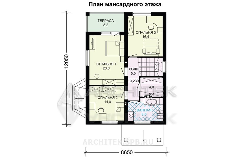 G-106-3P Проект дома из газобетона с мансардой, гаражом, эркером, террасой