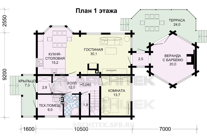 G-110-4D Проект дома из бруса с мансардой, террасой, верандой, эркером