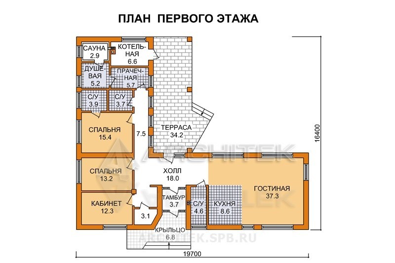 G-114-P Проект одноэтажного дома из газобетона с сауной и террасой