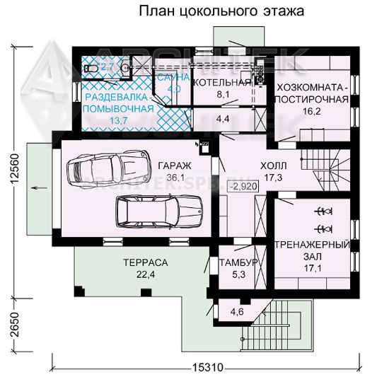G-116-D Проект деревянного дома из бруса с цокольным и мансардным этажом, гаражом, сауной, балконом, террасой