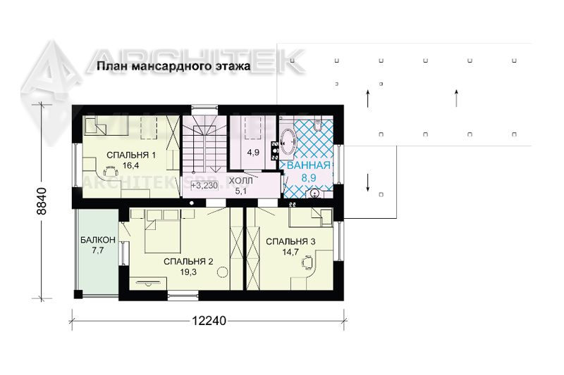 G-125-P Проект дома из газобетона с мансардой и гаражным навесом