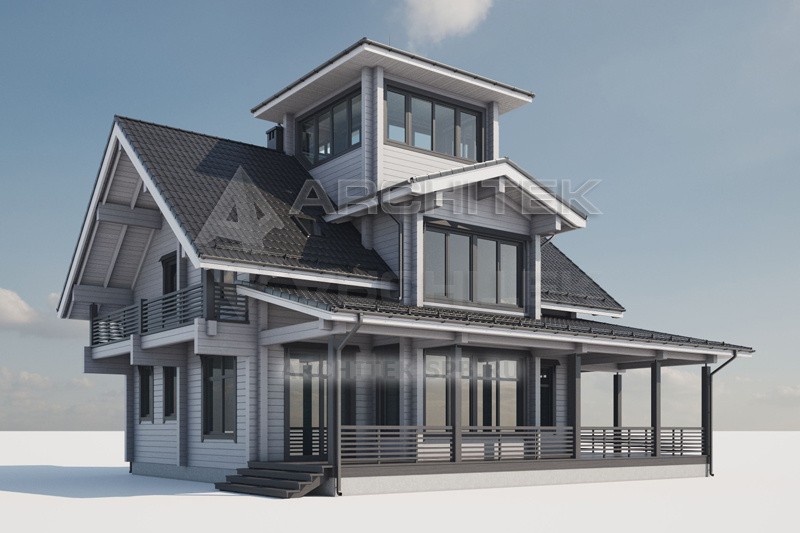 G-126-4D Проект дома из бруса с мансардой, террасой, бельведером 9.2х11.8