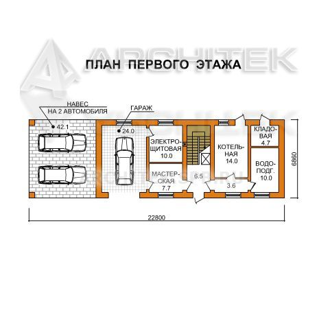 J-024-K проект маленького дома из кирпича с мансардой, подвалом, гаражом