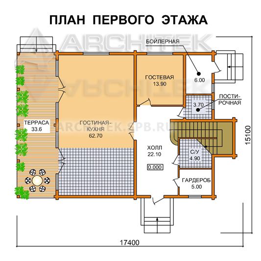 J-025-D проект деревянного коттеджа из бруса с террасой и балконом